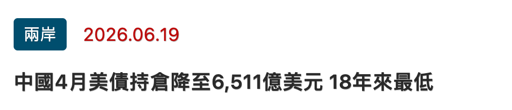 兩岸2026.06.19中國4月美債持倉降至6,511億美元18年來最低