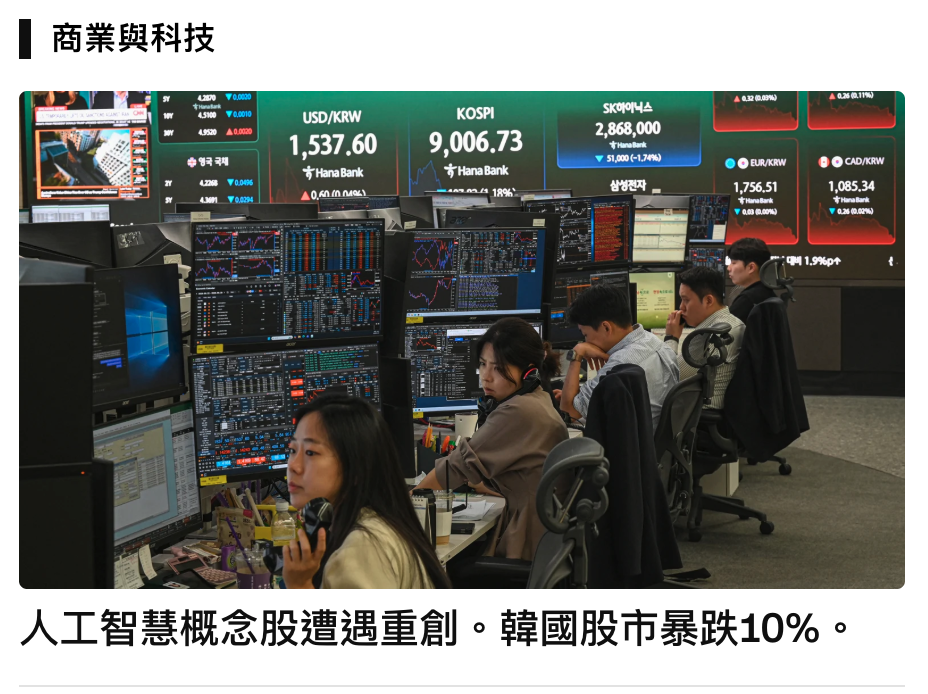 邊商業與科技人工智慧概念股遭遇重創。韓國股市暴跌10。