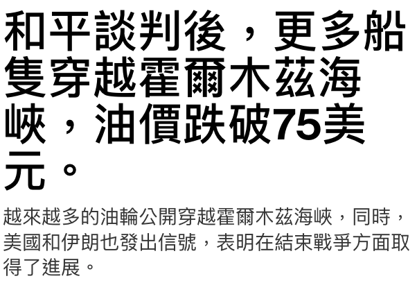 和平談判後,更多船隻穿越翟爾木茲海峽,油價跌破75美