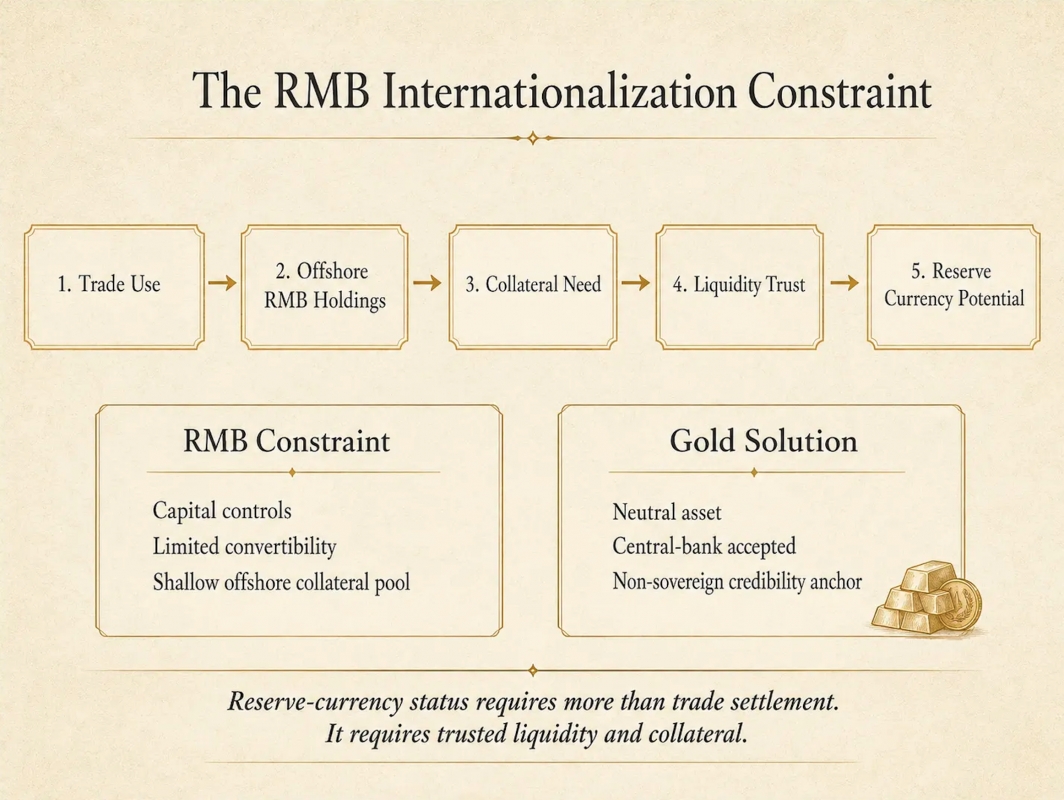 The RMB Internationalization Constraint 2. Offsh 5.R 1. Trade Use RMB Holdings 3. Collateral Need 4. Liquidity Trust GO了Capital controls Neutral asset