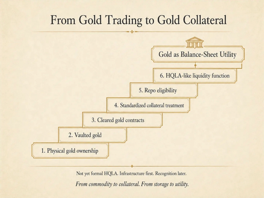 From Gold Trading to Gold Collateral Gold as Balance-Sheet Utility 6. HQLA-like liquidity function 5. Repo cligibility 4. Standardized collateral trea