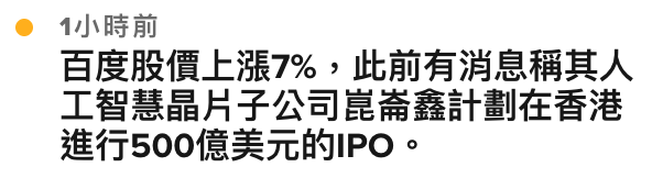 4小時前百度股價上漲7。,此前有消息稱其人工智慧晶片子公司則崙鑫計劃在香港進行500億美元的IPO。