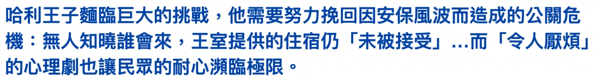 哈利王子麵臨巨大的挑戰,他需要努力挽回因安保風波而造成的公關危機無人知曉誰會來,王室提供的住宿仍「示被接受」...而「令人厭煩」的心理劇也讓民眾的耐心瀕臨極限。