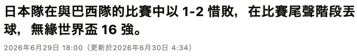 日本隊在與巴西隊的比賽中以1-2惜敗,在比賽尾聲階段丟球,無綠世界盃16強。2026年6月29日18 00 (更新於2026年6月30日4 34)