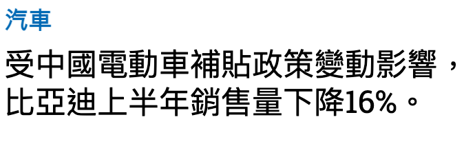 汽車受中國電動車補貼政策變動影響,比亞迪上半年銷售量下降16。