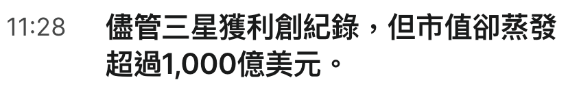 11 28儘管三星獲利創紀錄,但市值卻蒸發超過1,000億美元。