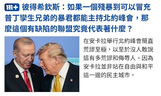 3彼得希欽斯如果一個殘暴到可以冒充普丁學生兄弟的暴君都能主持北約峰會那麼這個有摧陷的聯盟究竟代表著什麼?在安卡拉舉行北約峰會簡直荒謬至極,以至於沒人敢說這有多荒謬和侮辱人。因為安卡拉並非站在自由與和平這一外的民主城市。