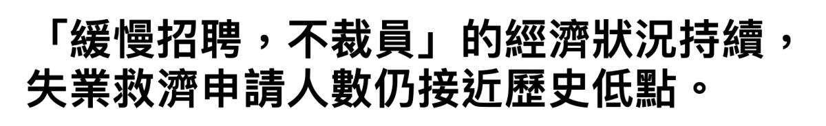 「緩慢招聘,不裁員」的經濟狀況持續,失業救濟申請人數仍接近歷史低點。