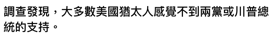 調查發現,大多數美國猶太人研覺不到兩黨或川普總統的支持。