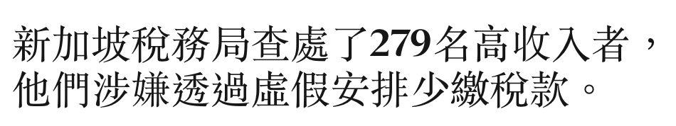 新加坡稅務局查處了279名高收入者,他們涉嫌透過虛假安排少繳稅款。