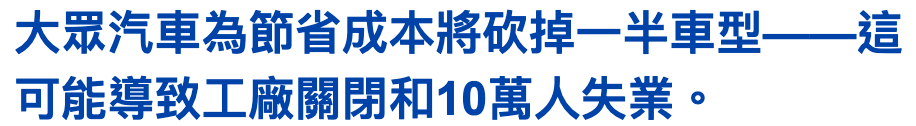 大眾汽車為節省成本將砍掉一半車型一一這可能導致工廠關閉和10萬人失業。