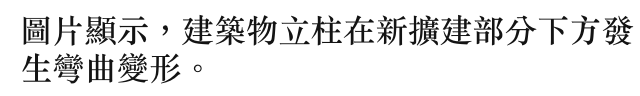 圖片顯示,建築物立柱在新擴建部分下方發生彎曲變形。