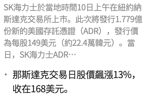 SK海力士於當地時間10日上午在紐約納斯達克交易所上市。此次將發行1.779億份新的美國存託憑證(ADR) ,發行價為每股149美元(約22.4萬韓元)。當日, SK海力士ADRe-。那斯達克交易日股價霜漲13 ,收在168美元。