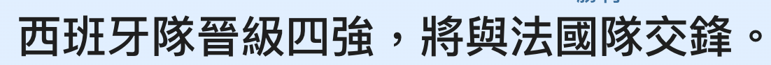 西班牙隊晉級四強,將與法國隊交鋒。