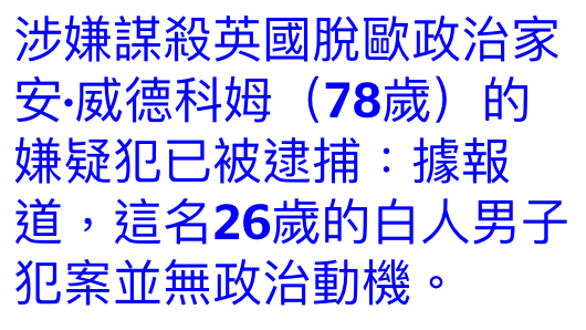 涉嫌謀殺英國脫歐政治家安.威德科姆(78歲)的嫌疑犯已被逮捕據報道,這名26歲的白人男子犯案並無政治動機。