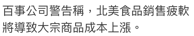 百事公司警告稱,北美食品銷售疲軟將導致大宗商品成本上漲。