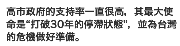 高市政府的支持率一直很高,其最大使命是打破30年的停滯狀態,並為台灣的危機做好準備。