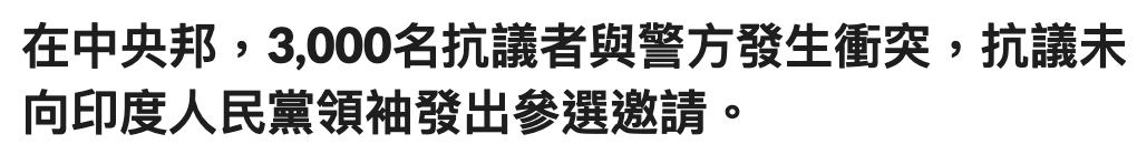 在中央邦,3,000名抗議者與警方發生衝突,抗議未向印度人民黨領袖發出參選邀請。