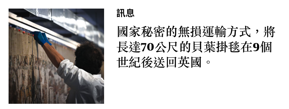 饋Ms濕。國家秘密的無損運輸方式,將N長達70公尺的貝葉掛毯在9個說圖世後送回英國。