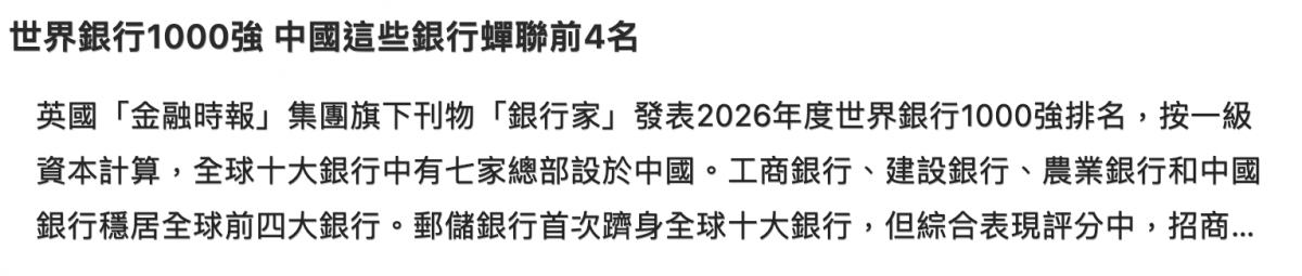 世界銀行1000強中國這些銀行蟬聯前4名英國「金融時報」集團旗下刊物「銀行家」發表2026年度世界銀行1000強排名,按一級資本計算,全球十大銀行中有七家總部設於中國。工商銀行、建設銀行、農業銀行和中國銀行穩居全球前四大銀行。郵儲銀行首次躋身全球十大銀行,但綜合表現評分中,招商...