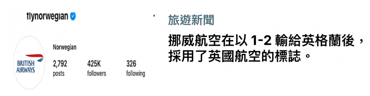 tiynorwegian 9旅遊新聞wa挪威航空在以1-2輸給英格蘭後, BRINSH 2792 425K 326採用了英國航空的標誌