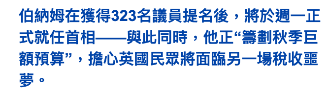 伯納姆在獲得323名議員提名後,將於週一正式就任首相一一與此同時,他正籌劃秋季巨額預算,擔心英國民眾將面臨另一場稅收噩夢。