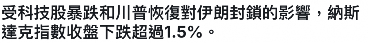 受科技股暴跌和川普恢復對伊朗封鎖的影響,納斯達克指數收盤下跌超過1.5。