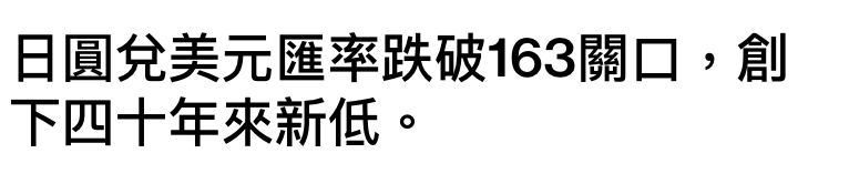 日圓兌美元匯率跌破163關口創下四十年來新低。