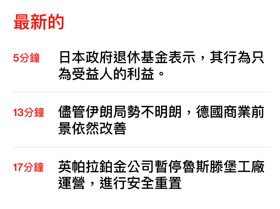 最新的5分鐘日本政府退休基金表示,其行為只為受益人的利益。13分鐘儘管伊朗局勢不明朗,德國商業前景依然改善17分鐘英帕拉鉑金公司暫停魯斯滕堡工廠運營,進行安全重點