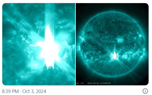 2024-10-03
今天早上，太陽從太陽黑子區域 3842 向地球發射了一次大規模的 X9.05 ...