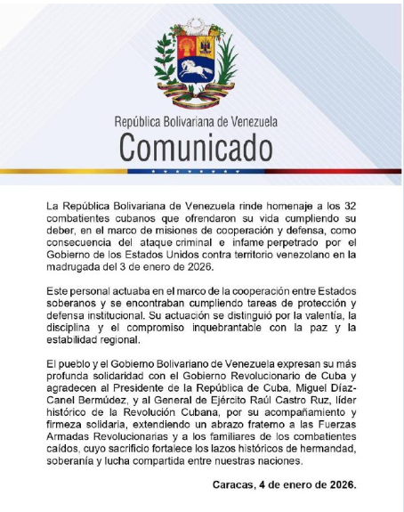 2026-01-05
委內瑞拉向在帝國主義軍事侵略中犧牲的 32 名古巴戰士致敬
犧牲者在履行職...