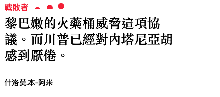 戰敗者a黎巴嫩的火藥桶威膺這項協議。而川普已經對內塔尼亞胡感到厭倦。什洛莫.本-阿米