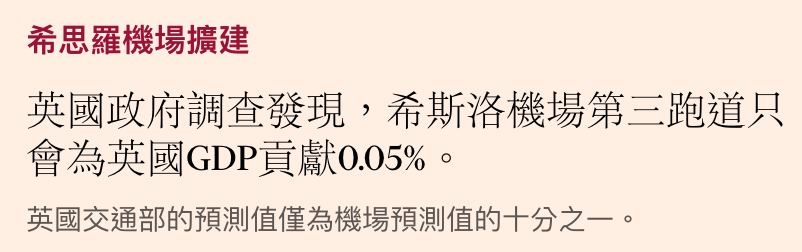 希思羅機場擴建共國政府調查發現,希斯洛機場第三跑道只會為英國GDP貢獻0.05。英國交通部的預測值僅為機場預測值的十分之一。