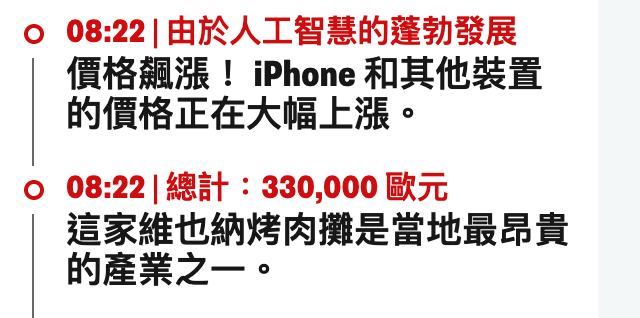o 08 22由於人工智慧的蓬勃發展價格飆漲! iphone和其他裝置的價格正在大幅上漲。o 08 221總計330,000歐元這家維也納烤肉攤是當地最昂貴的產業之一。