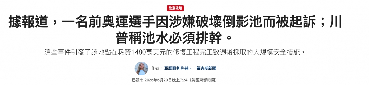 據報道,一名前奧運選手因涉嫌破壞倒影池而被起訴咱這些事件引發了該地點在耗資1480萬美元的修復工程完工數週後採取的大規模安全措施。八作者亞歷珊卓.科杰,.福克斯新聞