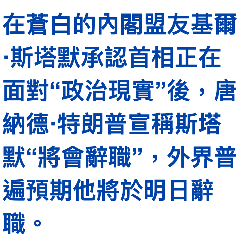 在蒼白的內閣盟友基爾斯載默承認首相正在面對政治現實"後,唐納德特朗普宣稱斯載默將會辭職,外界普遍預期他將於明日辭職。