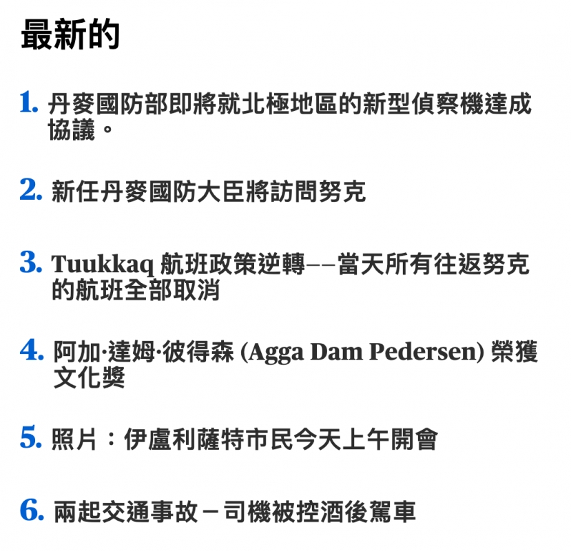 最新的2.新任丹麥國防大臣將訪問努克4.以人誠二很得林(Agga Dam Pedersen)榮獲5.照片伊盧利薩特市民今天上午開會6.兩起交通事故一司機被控酒後駕車
