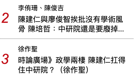 李侑珊、陳俊吉2陳建仁與廖俊智挨批沒有學術風骨陳培哲中研院還是要廢掉...徐作聖3時論廣場》政學兩棲陳建仁扛得住中研院? (徐作聖)